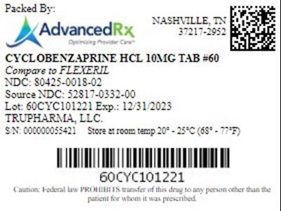Cyclobenzaprine HCL 10mg Tab QTY 60 NDC 80425 0018